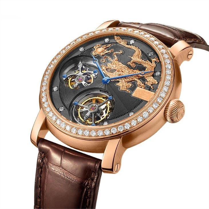 18k Gold Double Tourbillon Skeleton Movement Watch.